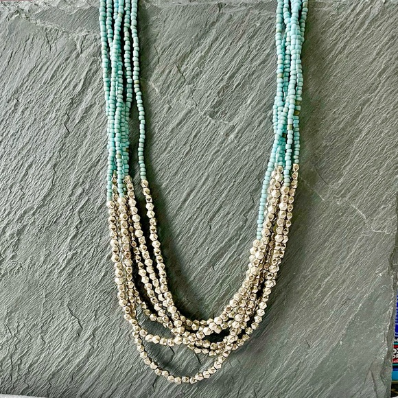 Pewter and Sky Matte Blue Beaded Multi String Necklace - Picture 1 of 5